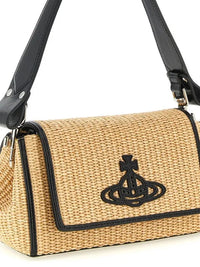 VW Embroidered Orb Woven Raffia Flap Baguette