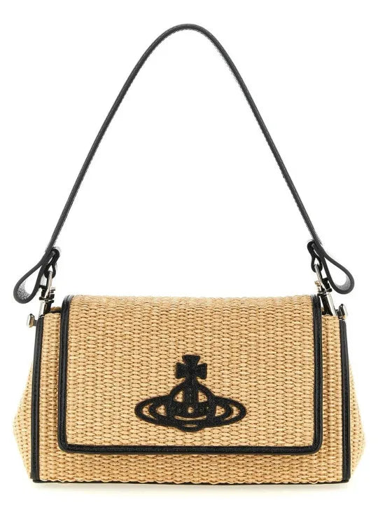 VW Embroidered Orb Woven Raffia Flap Baguette