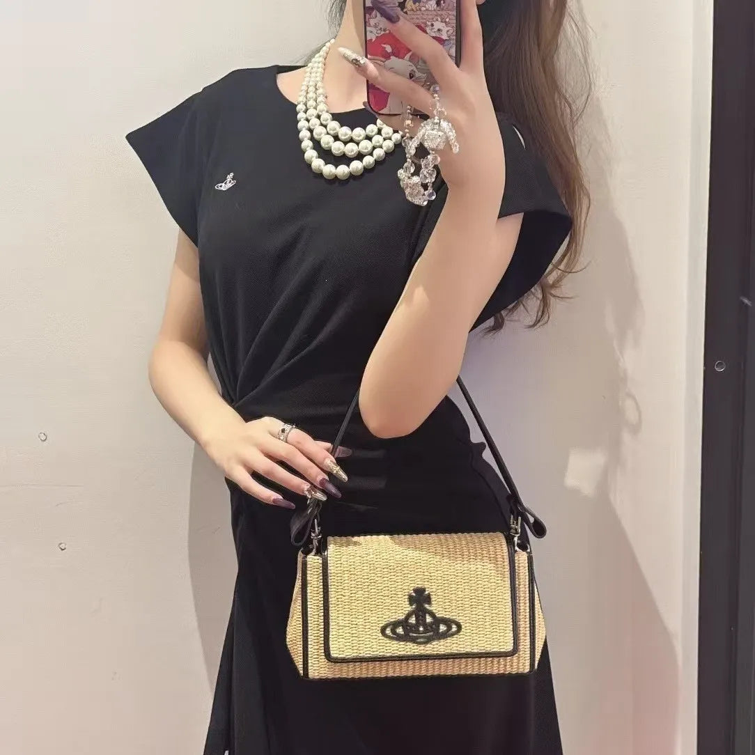 VW Embroidered Orb Woven Raffia Flap Baguette