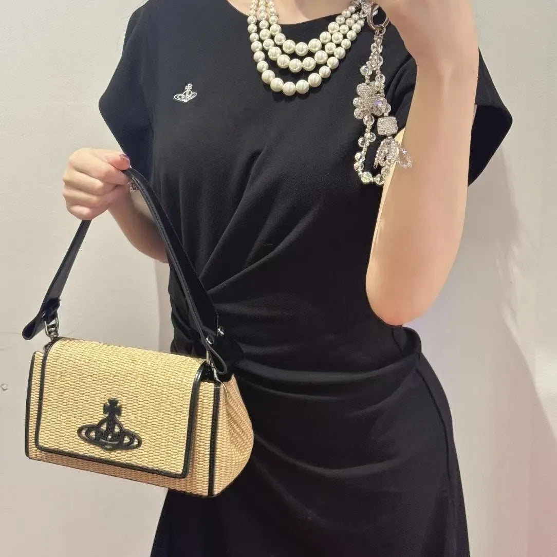 VW Embroidered Orb Woven Raffia Flap Baguette
