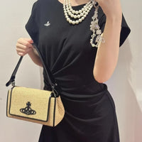 VW Embroidered Orb Woven Raffia Flap Baguette