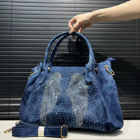 Angel Wings Washed Denim Slouch Satchel Tote