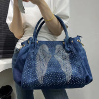 Angel Wings Washed Denim Slouch Satchel Tote