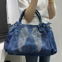 Angel Wings Washed Denim Slouch Satchel Tote