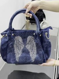 Angel Wings Washed Denim Slouch Satchel Tote