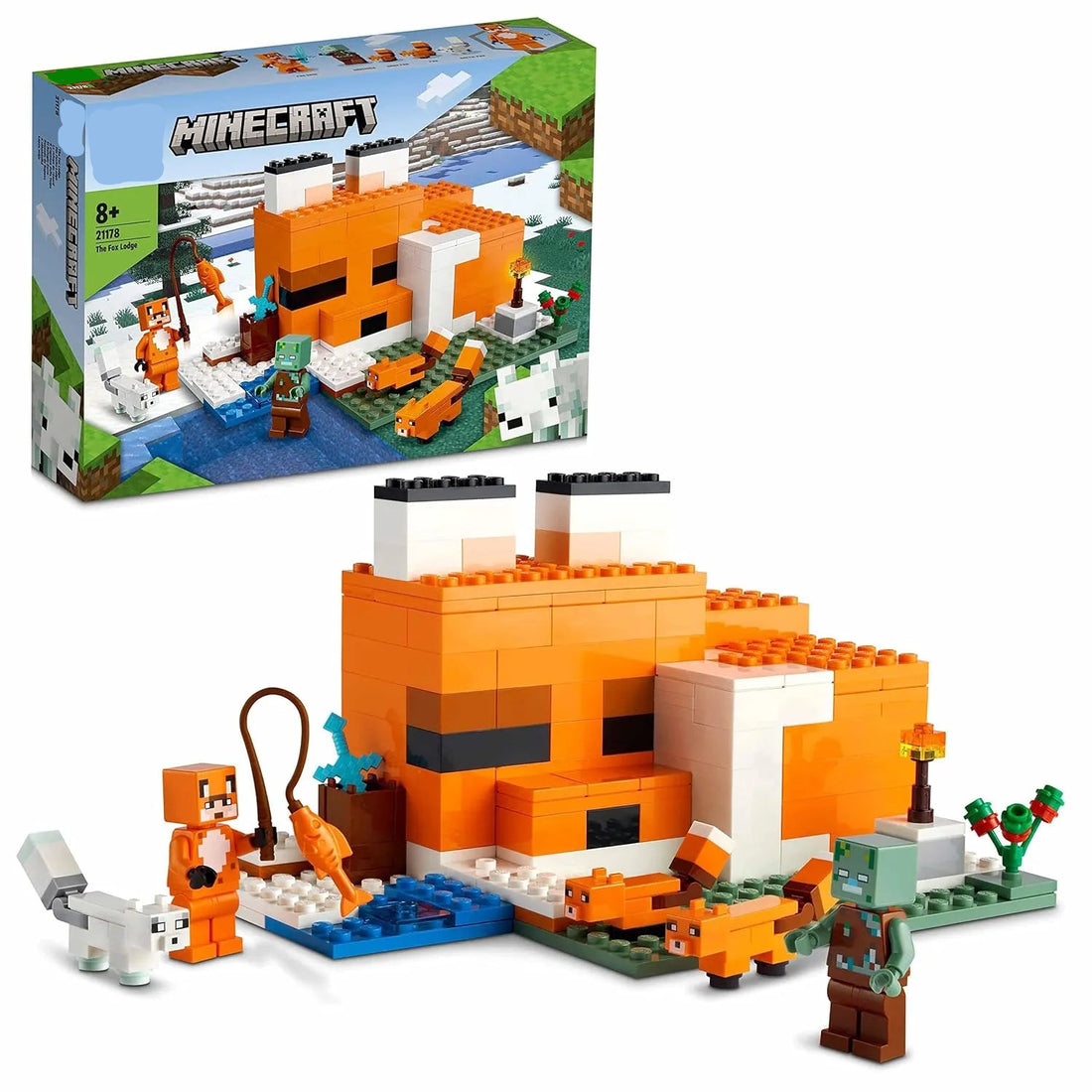 LEGO Minecraft set with building blocks and characters on a white background
