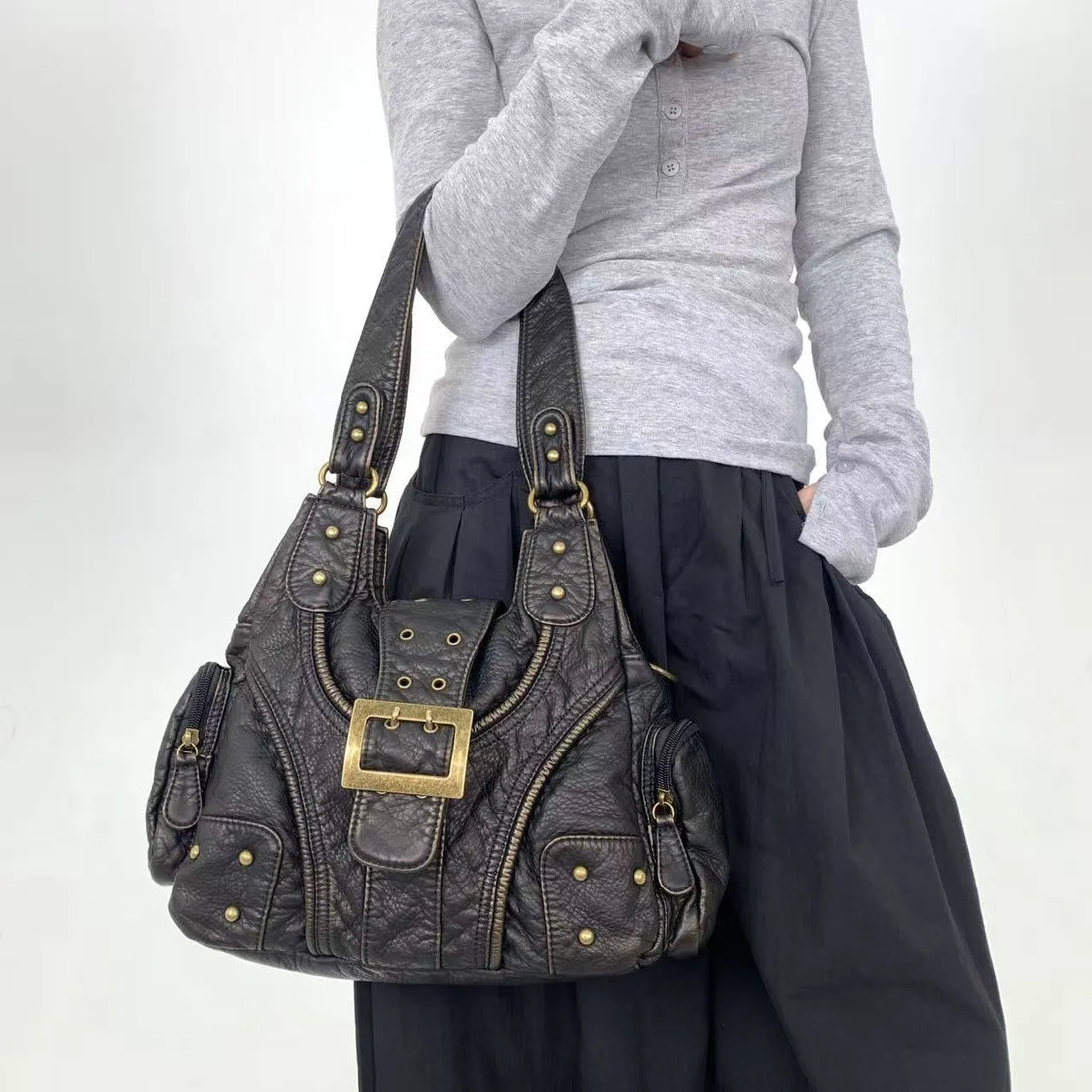 Vintage Washed Faux Leather Grunge Hobo Bag
