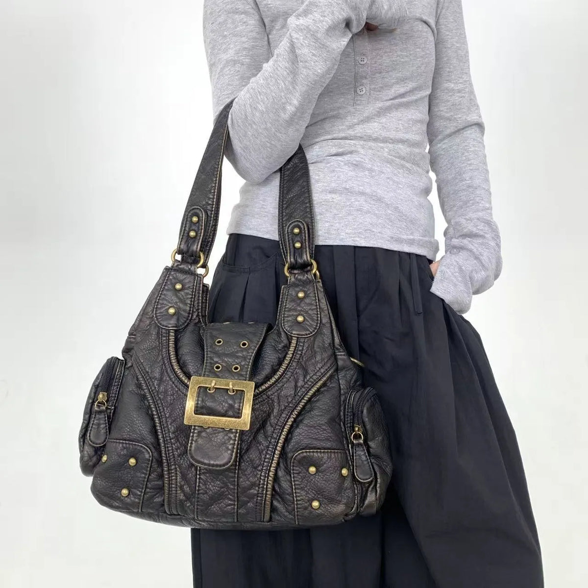 Vintage Washed Faux Leather Grunge Hobo Bag