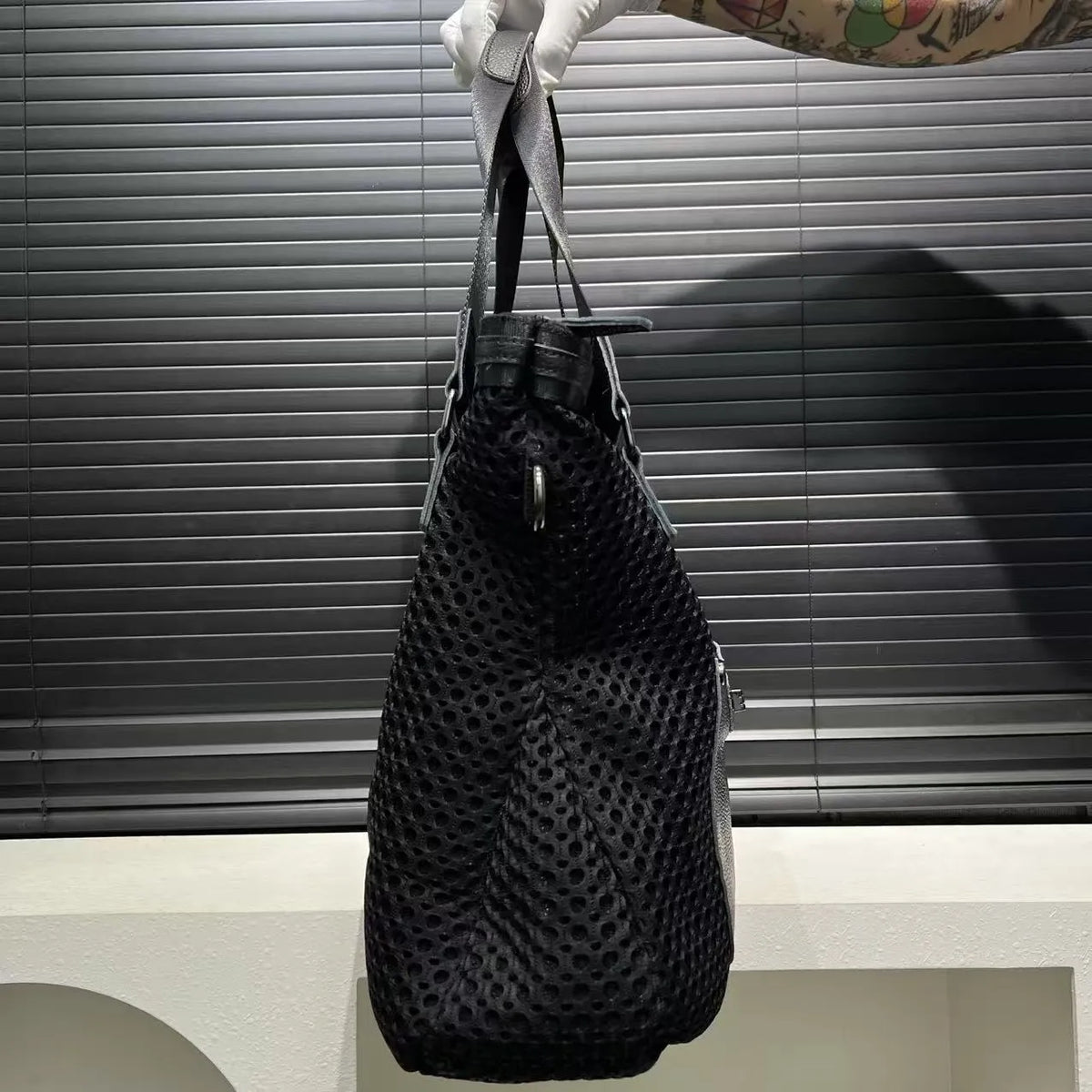 Tactical Black Mesh Vegan Leather Duffel Tote