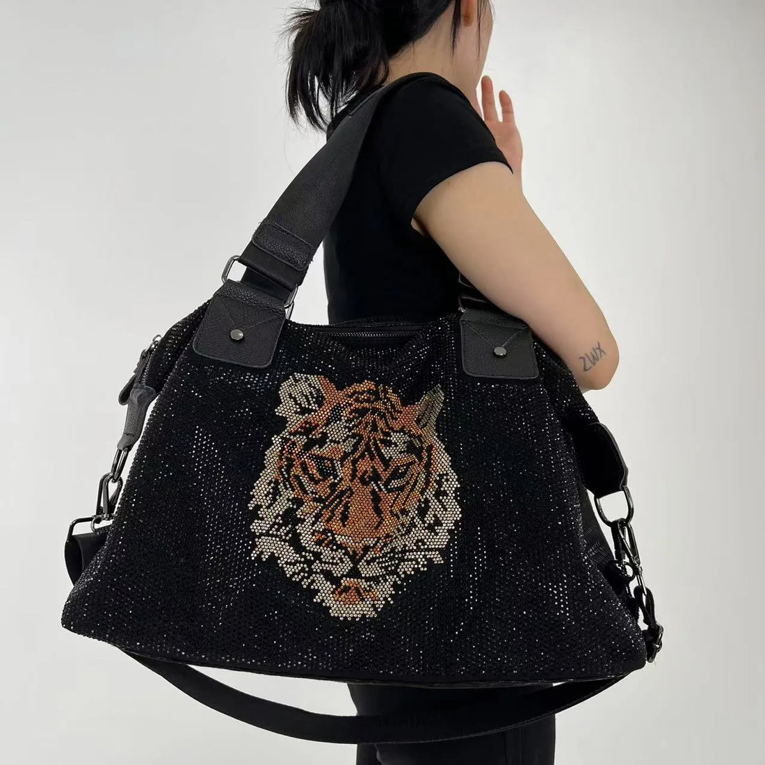 Dazzling Rhinestone Tiger Duffel Tote