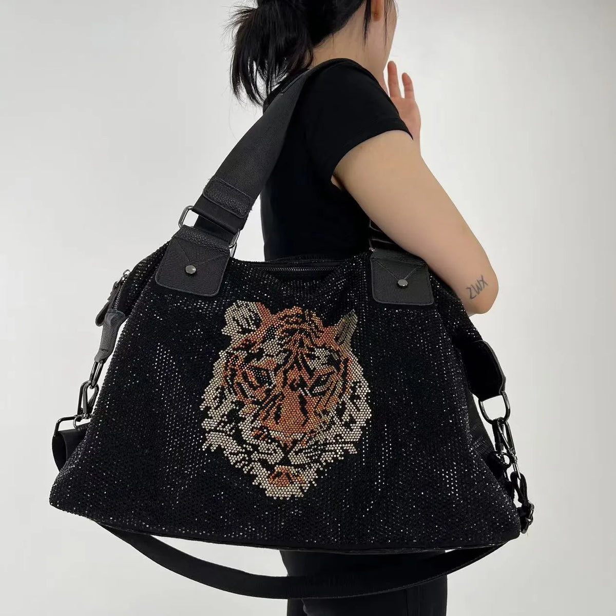 Dazzling Rhinestone Tiger Duffel Tote