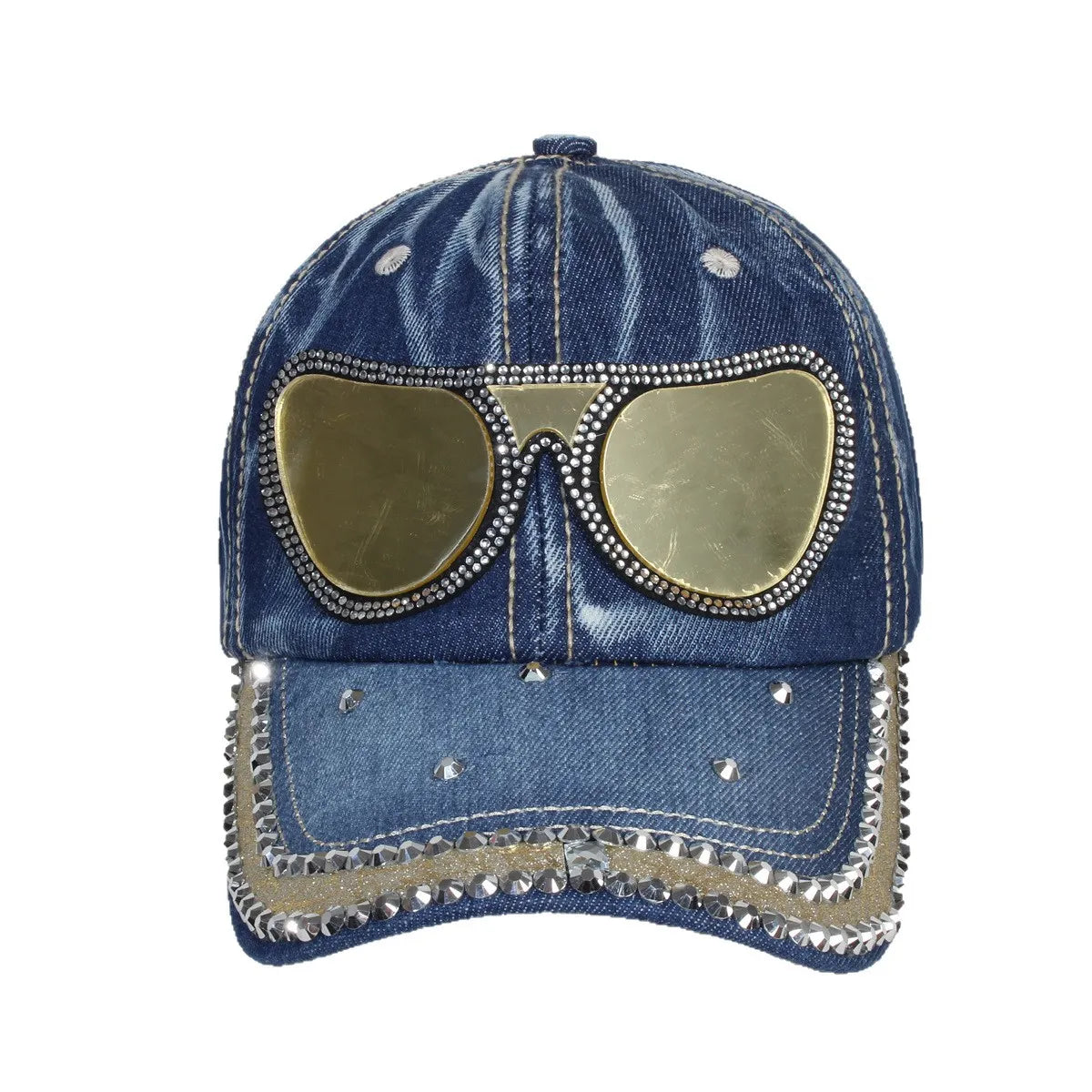 Mirrored Aviator Denim & Rhinestone Studded Cap