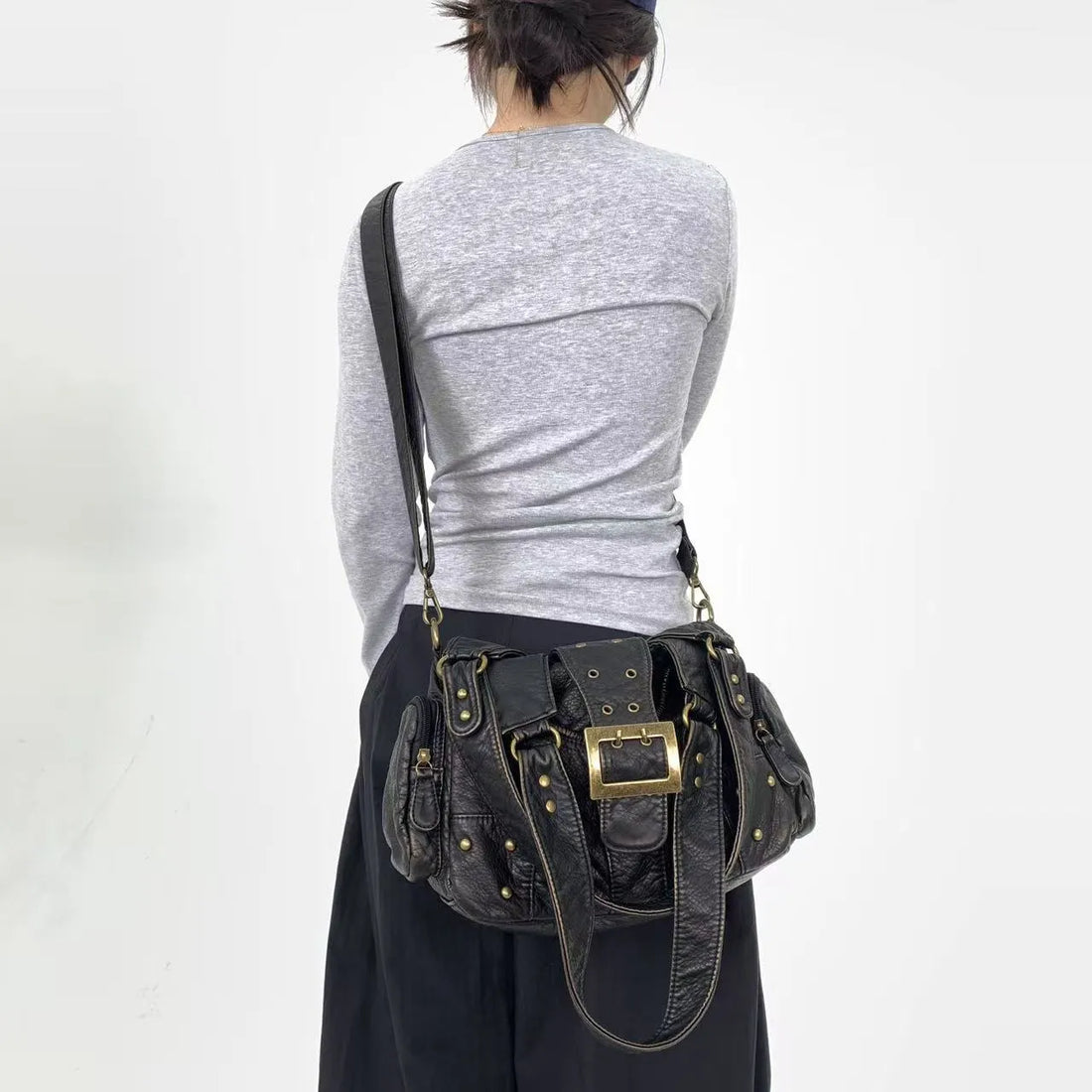 Vintage Washed Faux Leather Grunge Hobo Bag