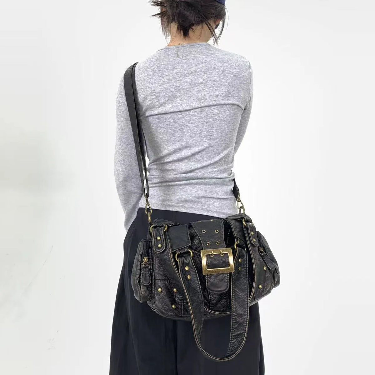 Vintage Washed Faux Leather Grunge Hobo Bag