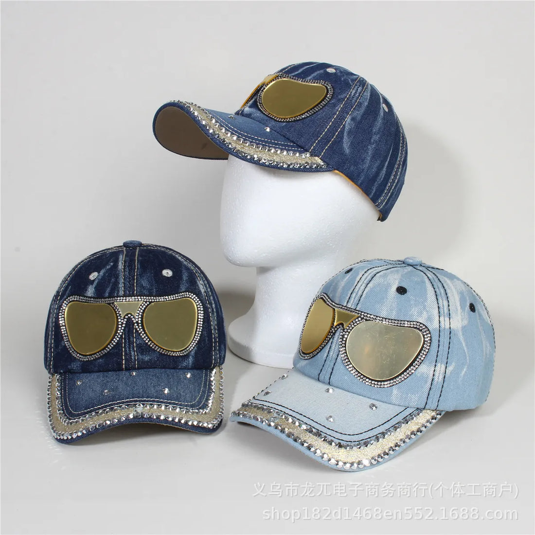 Mirrored Aviator Denim & Rhinestone Studded Cap