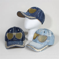 Mirrored Aviator Denim & Rhinestone Studded Cap