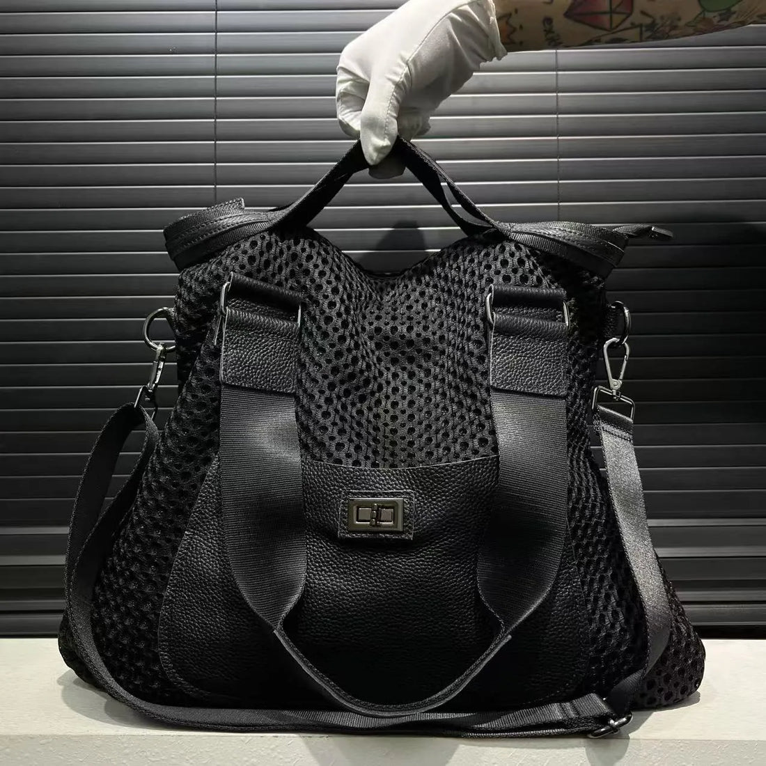 Tactical Black Mesh Vegan Leather Duffel Tote