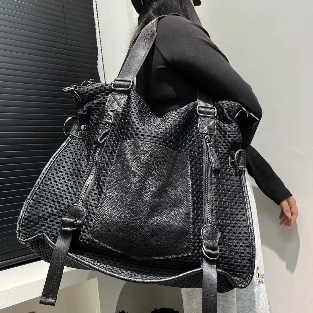 Tactical Black Mesh Vegan Leather Duffel Tote