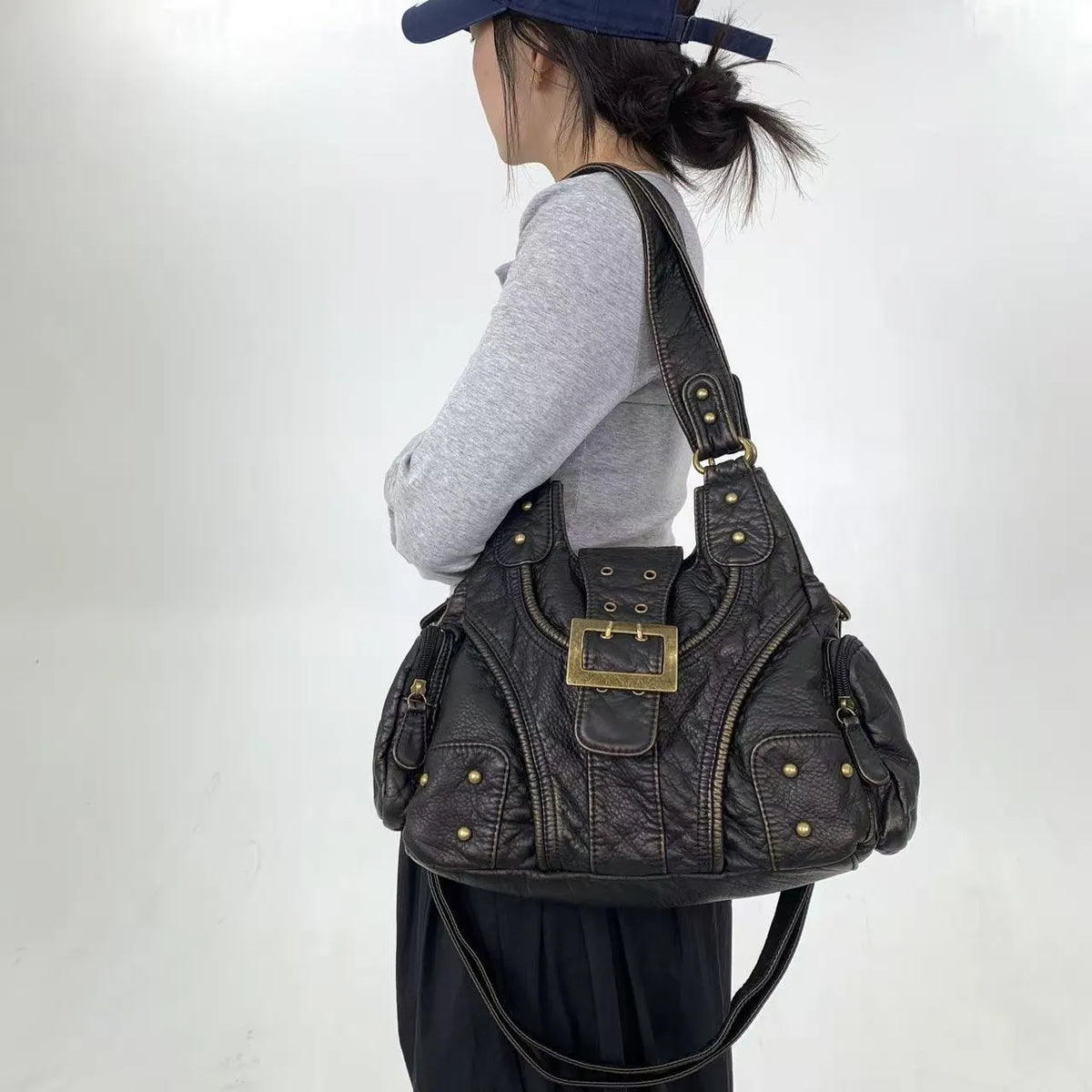 Vintage Washed Faux Leather Grunge Hobo Bag