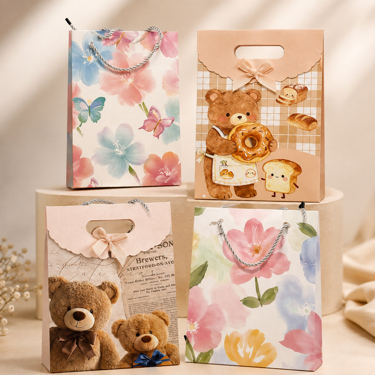Aesthetic Pastel Floral and Teddy Bear Boutique Gift Bags