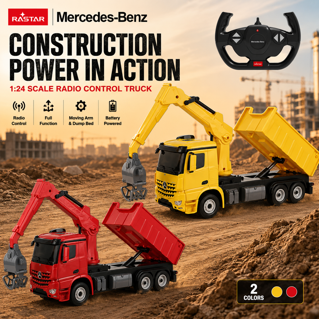 Two toy construction vehicles, a red and yellow excavator and dump truck, with a remote control on a construction site background. Mercedes-Benz branding is visible.