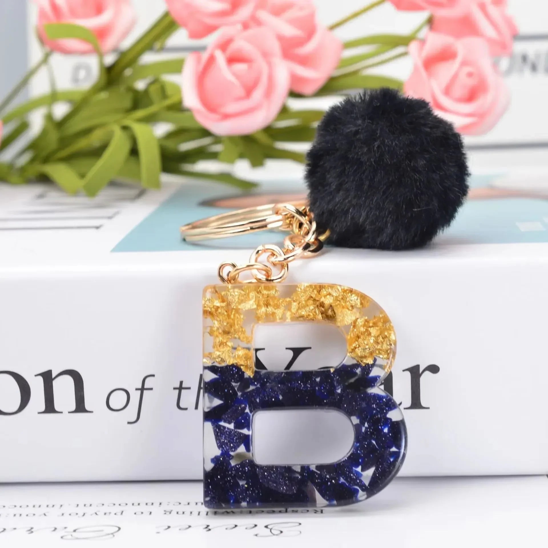 Glittery Fur Charm Letter Keychain