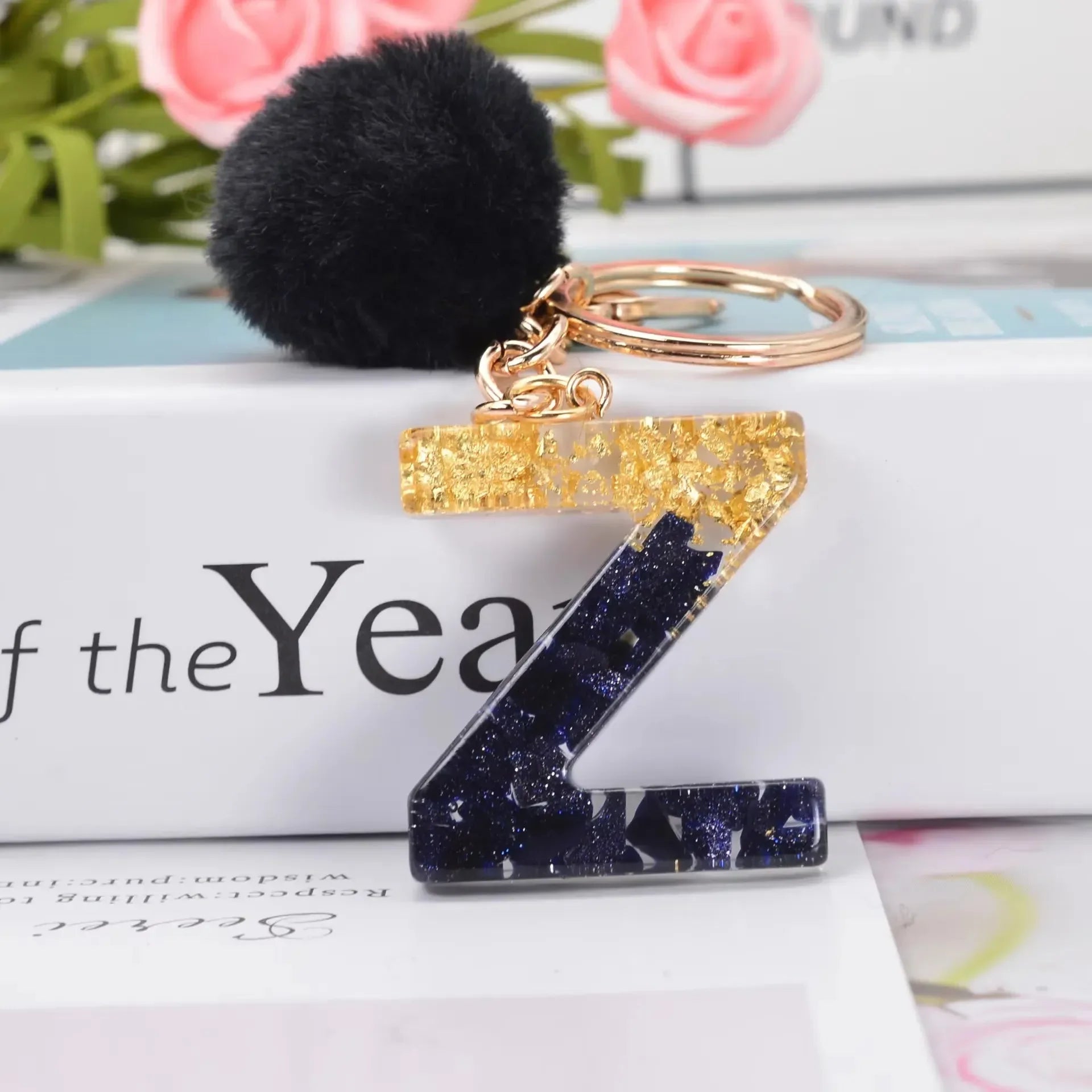 Glittery Fur Charm Letter Keychain