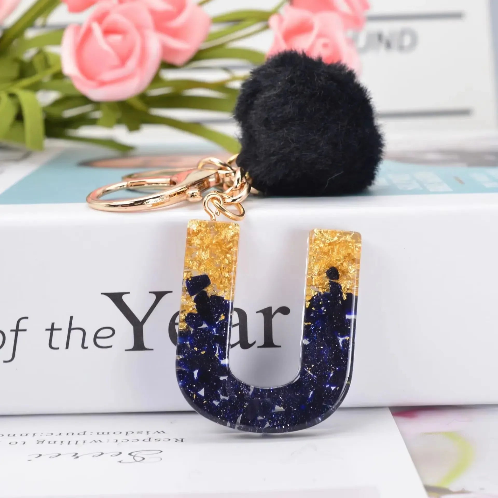 Glittery Fur Charm Letter Keychain