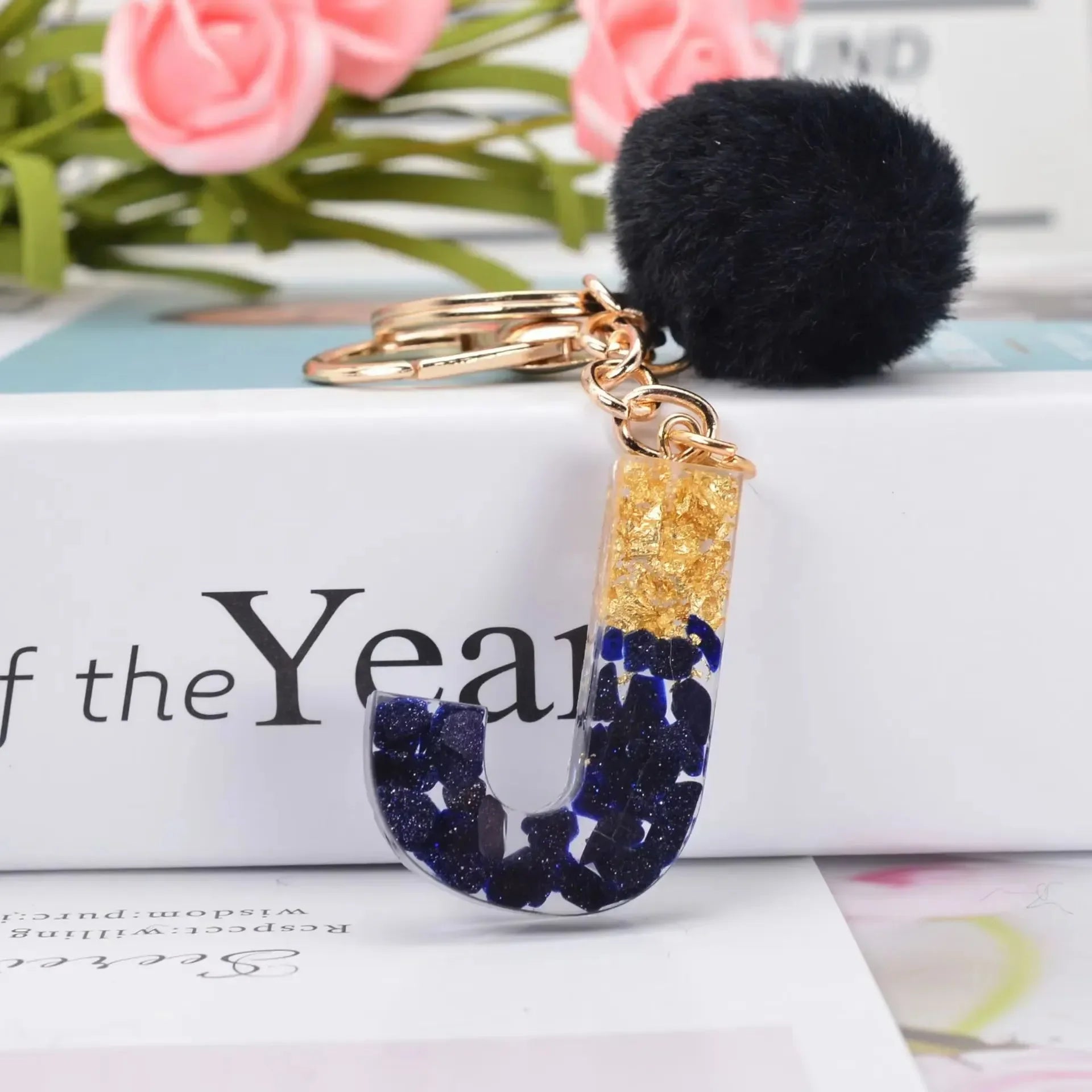 Glittery Fur Charm Letter Keychain