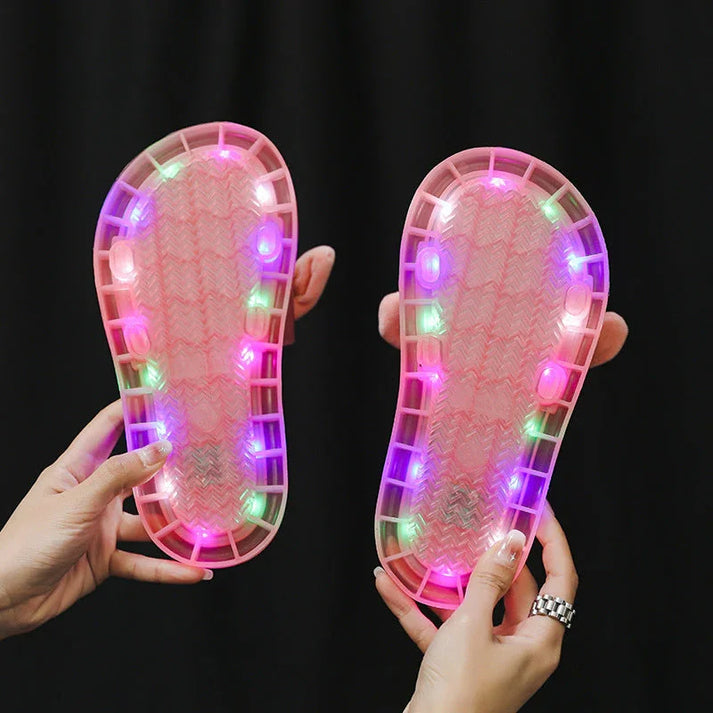 Bottom view of light-up sandal showing illuminated sole construction