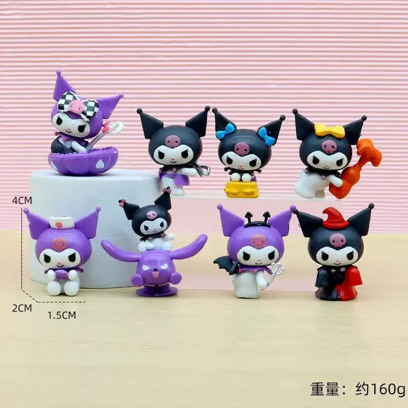 Set of small figurines with different poses on a pink striped background