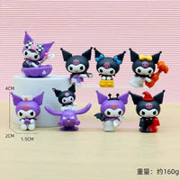 Set of small figurines with different poses on a pink striped background