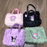 Sanrio fluffy handbags in pink, black, purple, and green on a wooden surface.
