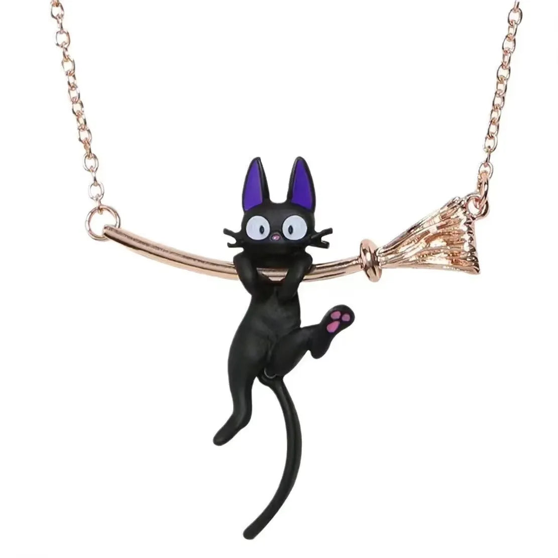 Broom Black Cat Necklace