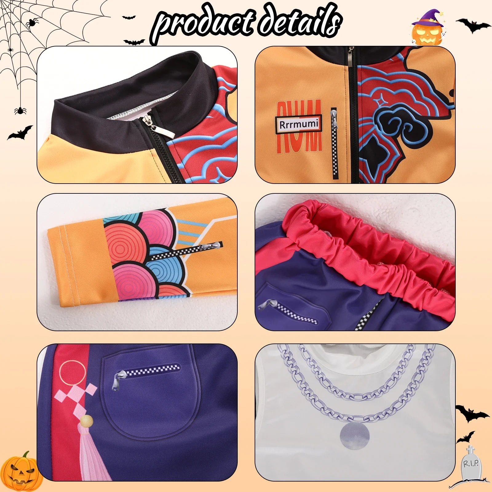 Collage of colorful jackets with brand logos on a Halloween-themed background