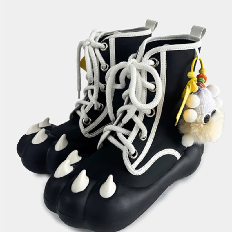 Cat Paw Platform Lace-Up Ankle Boots Women's White Pink Chunky Sole Short Boots Cosplay Harajuku Y2K with Pom Pom Charm - Bear Hugs