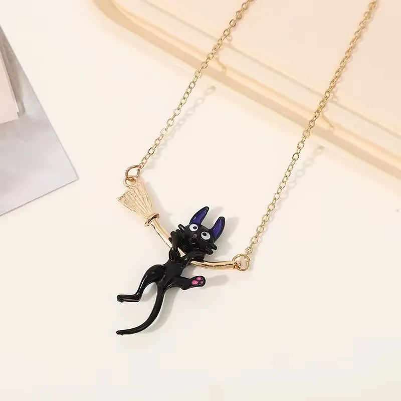 Broom Black Cat Necklace