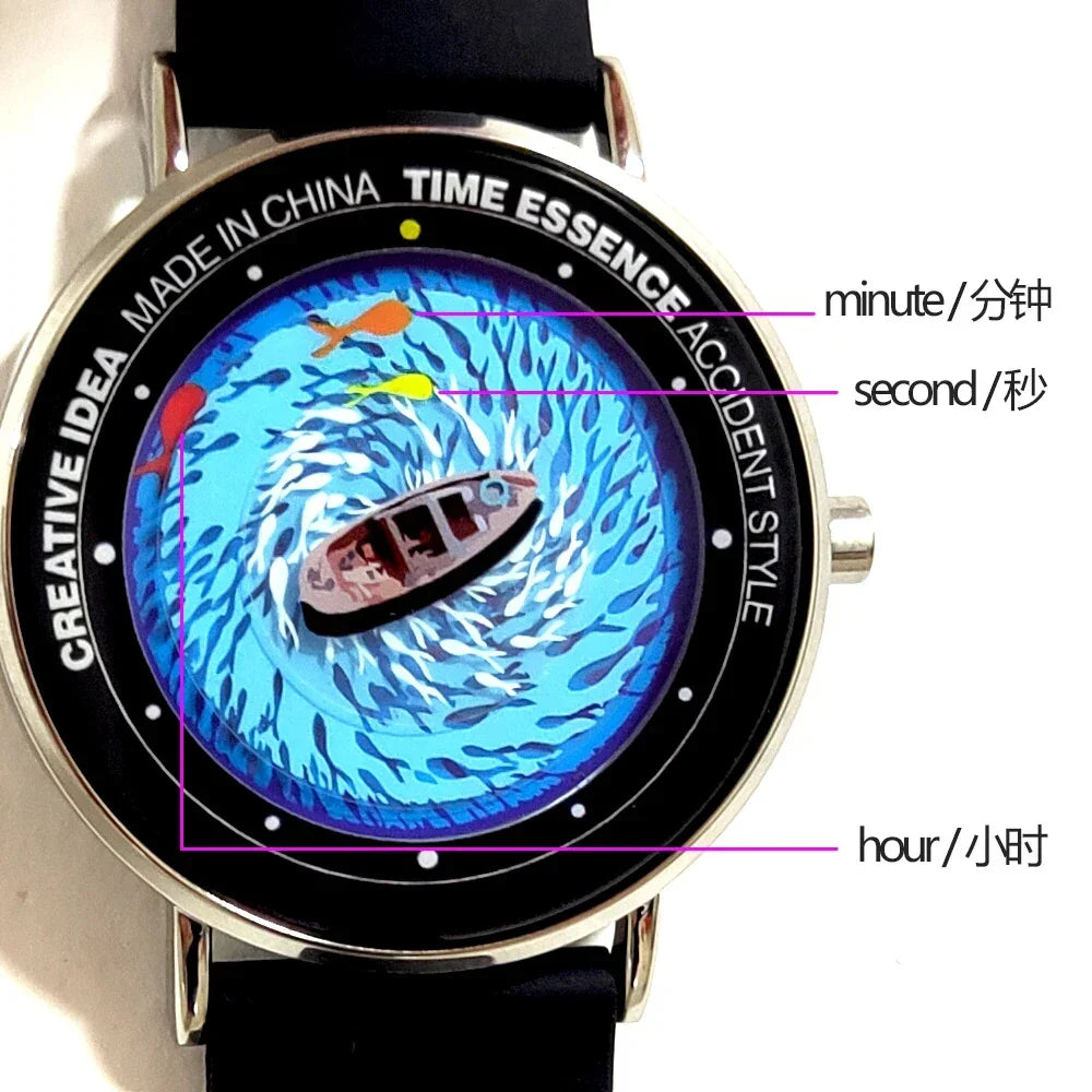 Creative Watches Quartz Original Watch with Ship Wave & Fishes Design Waterproof Wristwatch Comfortable Silicone Strap - Bear Hugs