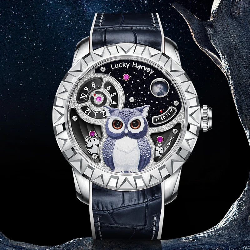 Lucky Harvey OWL Series Men's Mechanical Watch 28800 VPH 40H Power Reserve 3D Relief Unique Wristwatch - Bear Hugs