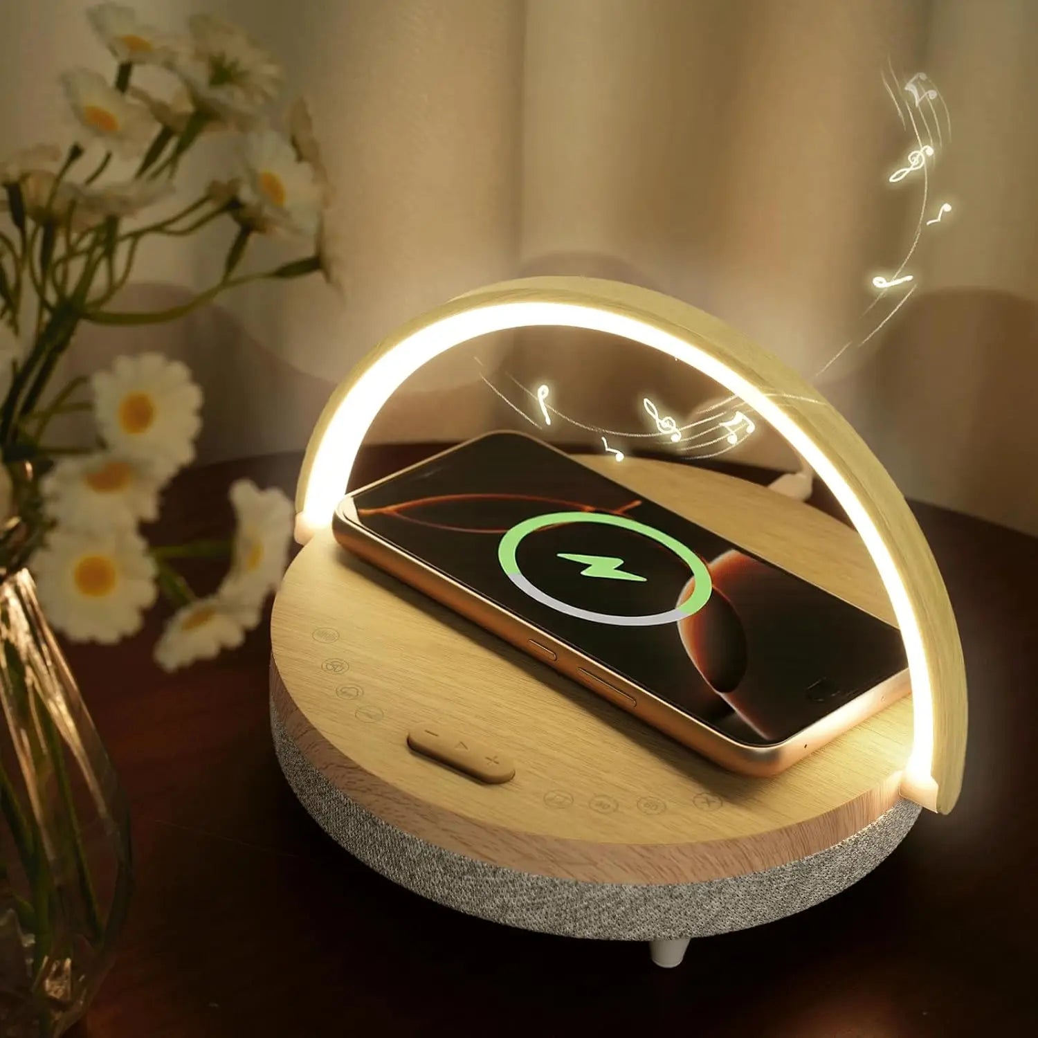 Wireless Charging LED Night Light with Bluetooth Speaker, White Noise Machine and Adjustable Phone Holder - Bear Hugs