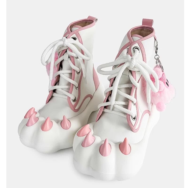 Cat Paw Platform Lace-Up Ankle Boots Women's White Pink Chunky Sole Short Boots Cosplay Harajuku Y2K with Pom Pom Charm - Bear Hugs
