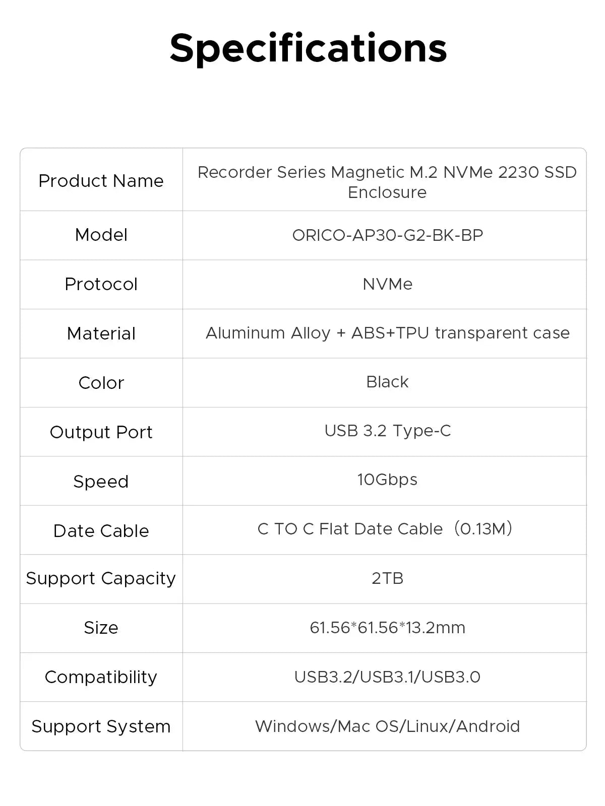 ORICO Magnetic 2230 M.2 NVMe SSD Enclosure