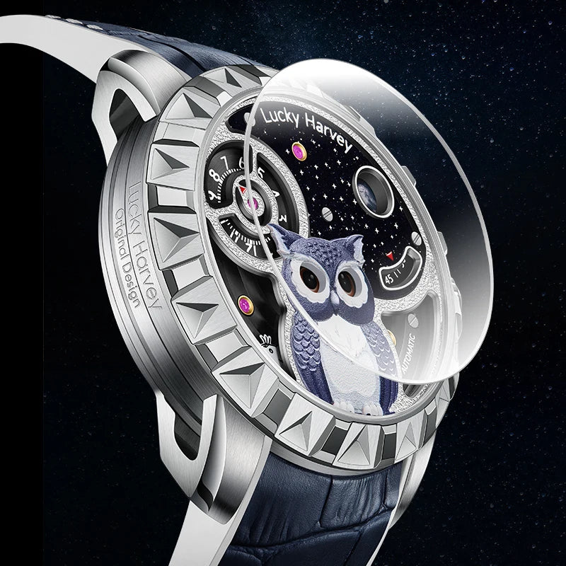 Lucky Harvey OWL Series Men's Mechanical Watch 28800 VPH 40H Power Reserve 3D Relief Unique Wristwatch - Bear Hugs