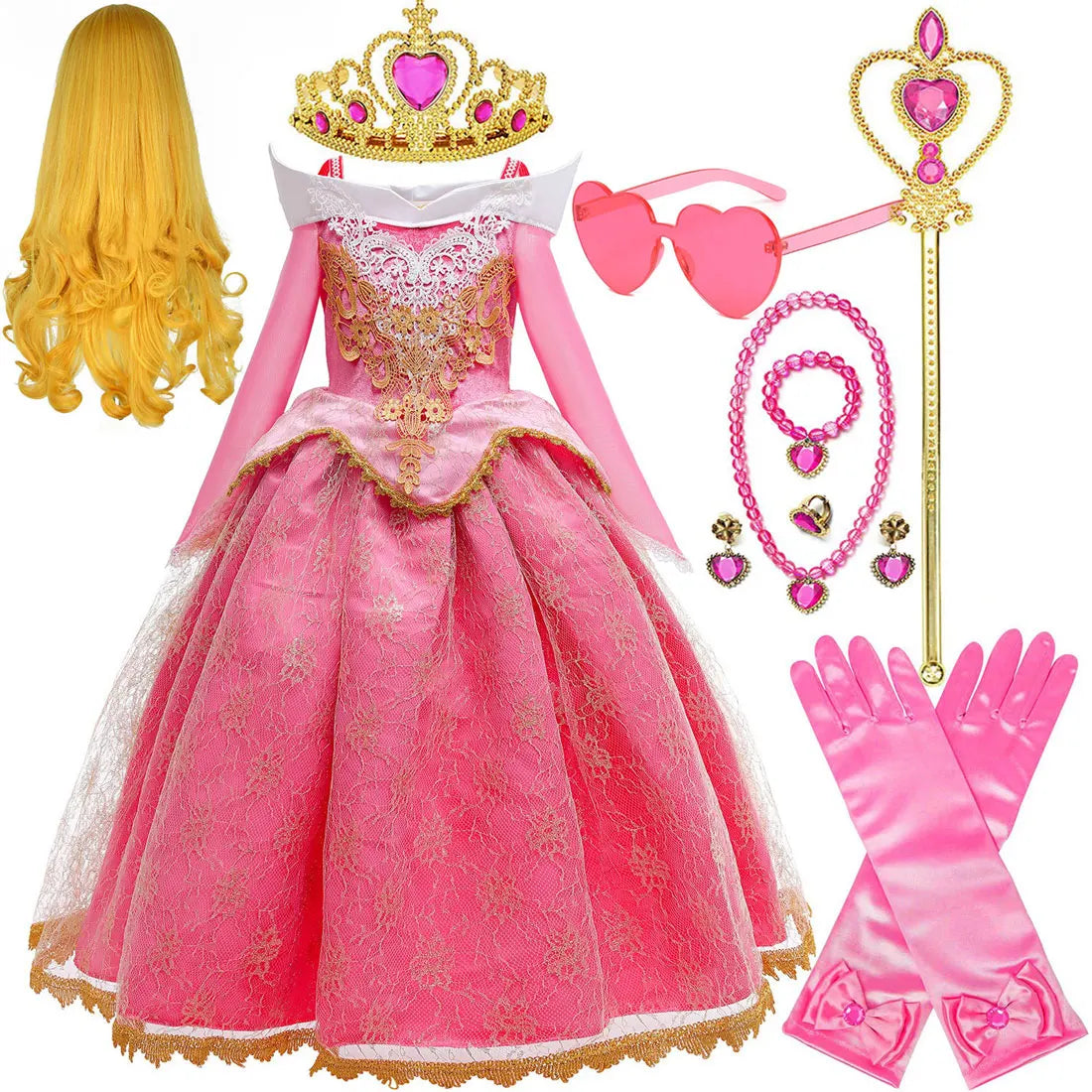 2026 Disney Sleeping Beauty Aurora Princess Dress Girl Cosplay Off Shoulder Kids Gifts Fancy Party Girl Baby Fine Lace Dress Set - Bear Hugs