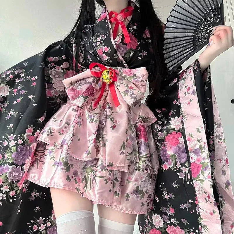 Traditional Japanese Pink & Black Kimono Dress - Bear Hugs