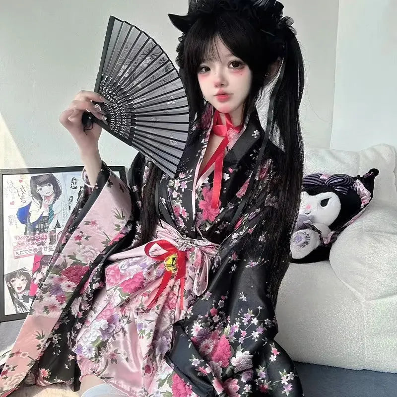 Traditional Japanese Pink & Black Kimono Dress - Bear Hugs