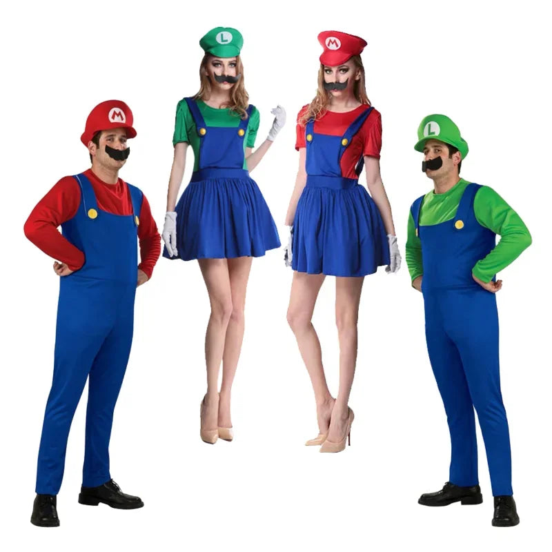 Game Super Plumber Bros Cosplay Costumes for Men Women Halloween Carnival Outfits Fancy Jumpsuit with Hat Mustache Gloves - Bear Hugs