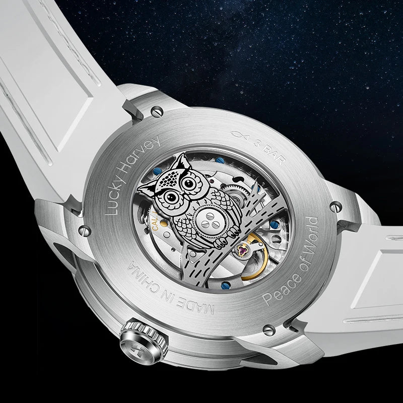 Lucky Harvey OWL Series Men's Mechanical Watch 28800 VPH 40H Power Reserve 3D Relief Unique Wristwatch - Bear Hugs