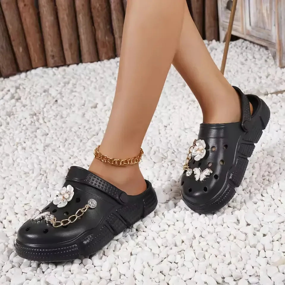 Floral & Rhinestone Comfort Clogs