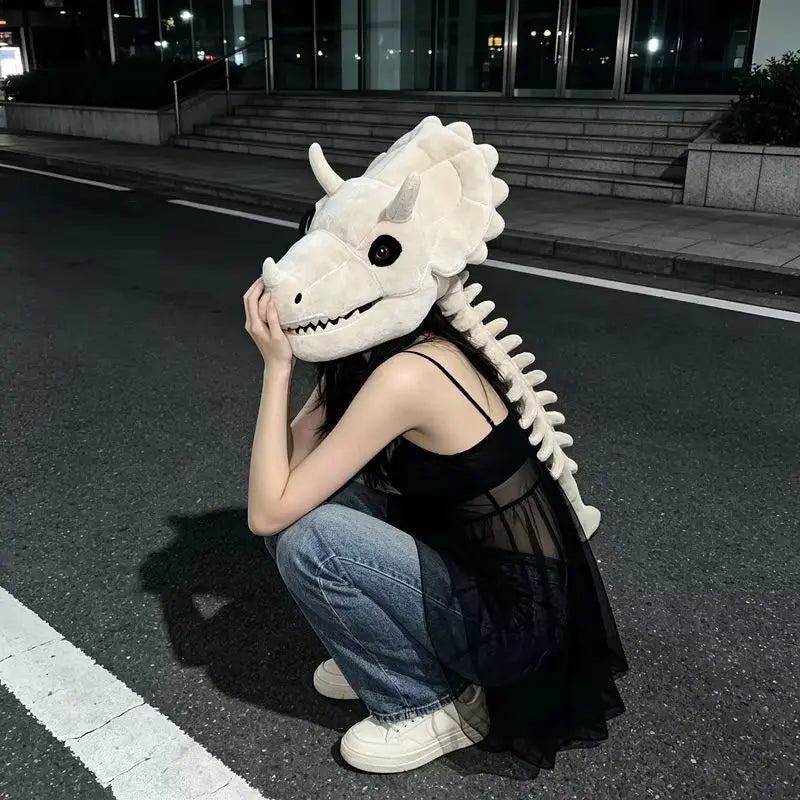 Halloween Dinosaur Skeleton Headgear Red Plush Role Play Costume Fun Prank Creative Toys Birthday Gift For Family Adult Party - Bear Hugs